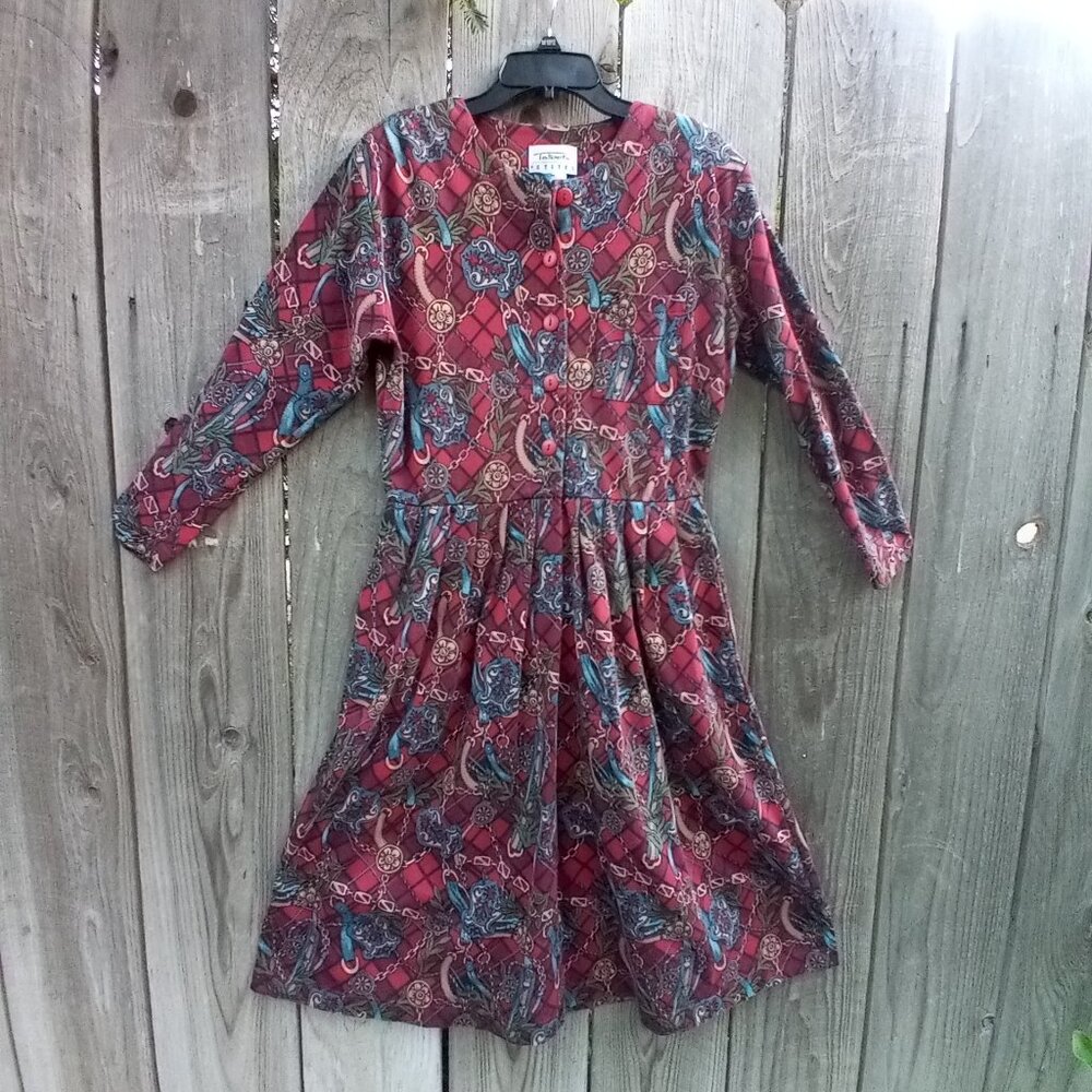 Vintage 90s Talbots Knit Midi Equestrian Print Dress PM Button Top Long Sleeves